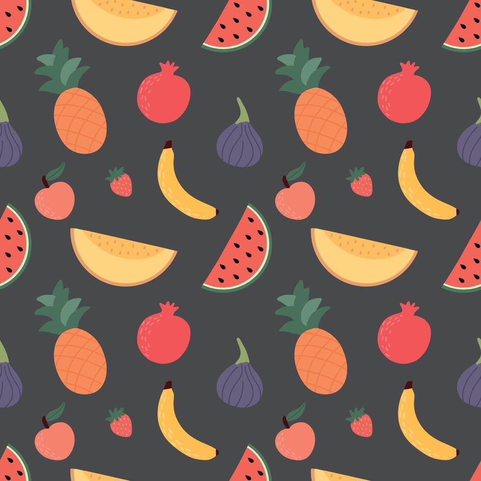 Fruit and berry background, abstract food, seamless pattern. Fresh fruit wallpaper with long watermelon, dynamite, fig, strawberry, texts icons. Vegetarian food illustration. EPS10. vector