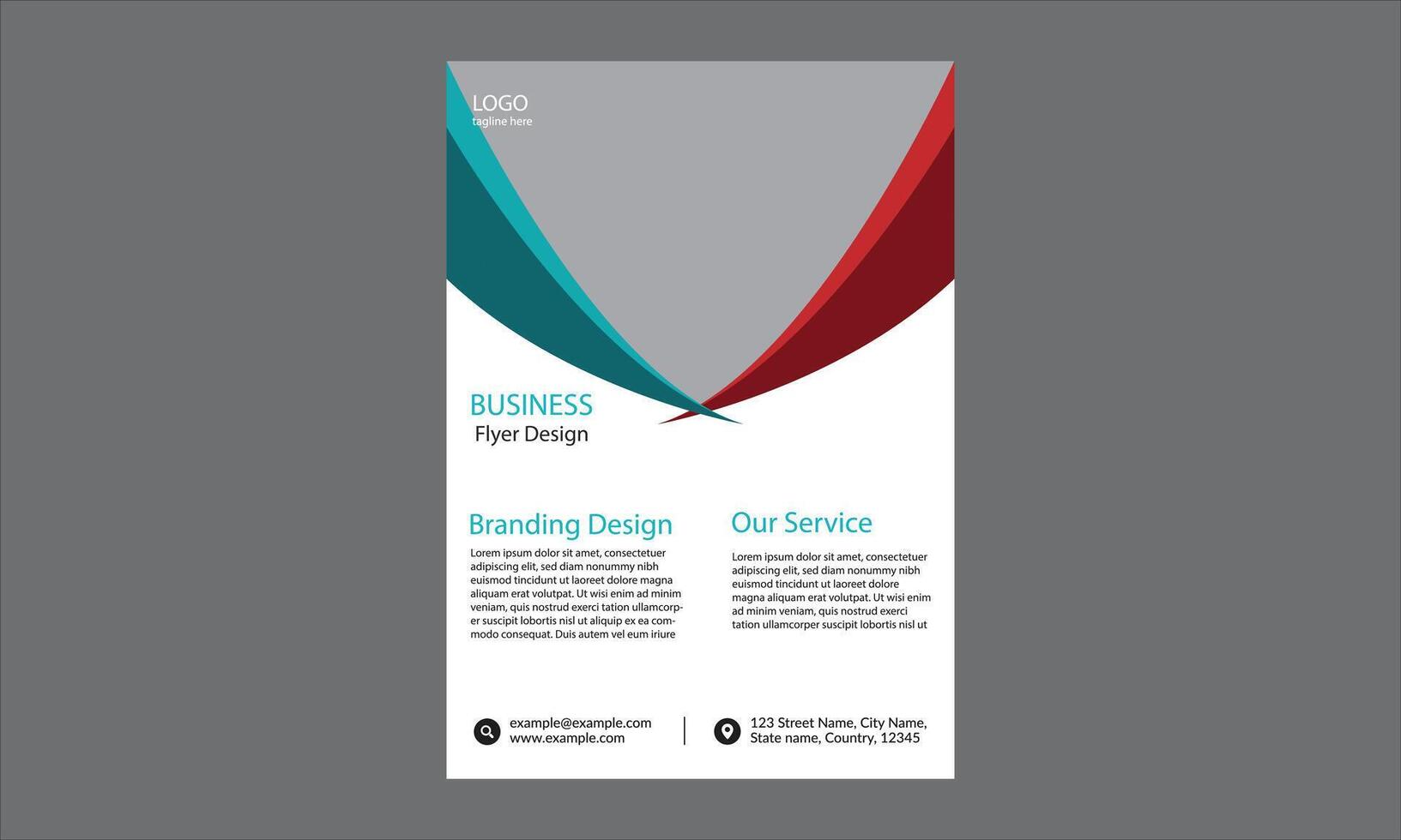 The design is a business flyer design. It features a modern and clean layout with a combination of teal and red curved shapes at the top, creating a dynamic visual effect. vector