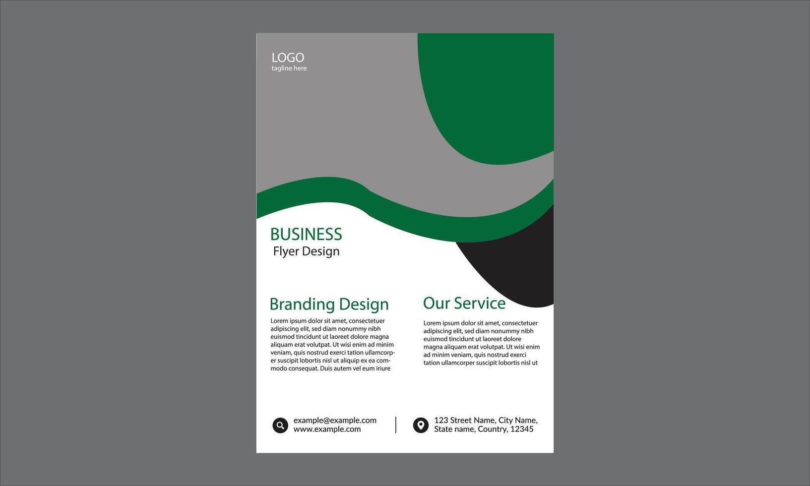 The design is a business flyer design. It features a modern and professional layout with a combination of green, black, and gray colors. vector
