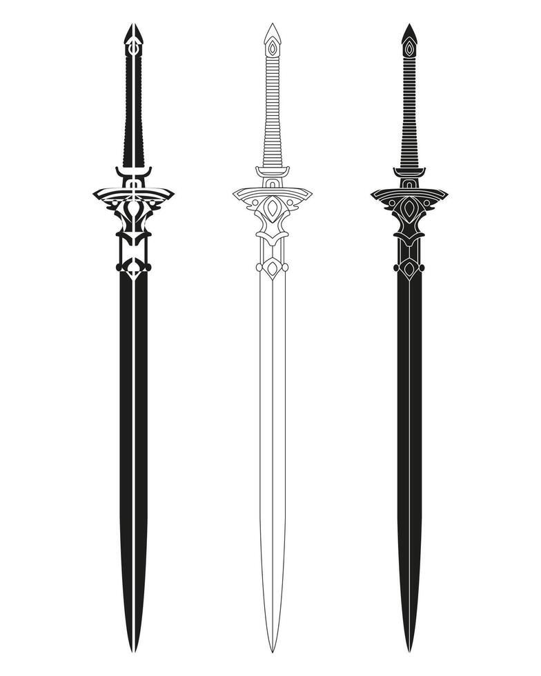 Sword line art set. Ancient Longsword. Saber. Blade Tattoo. illustration isolated on white background. vector