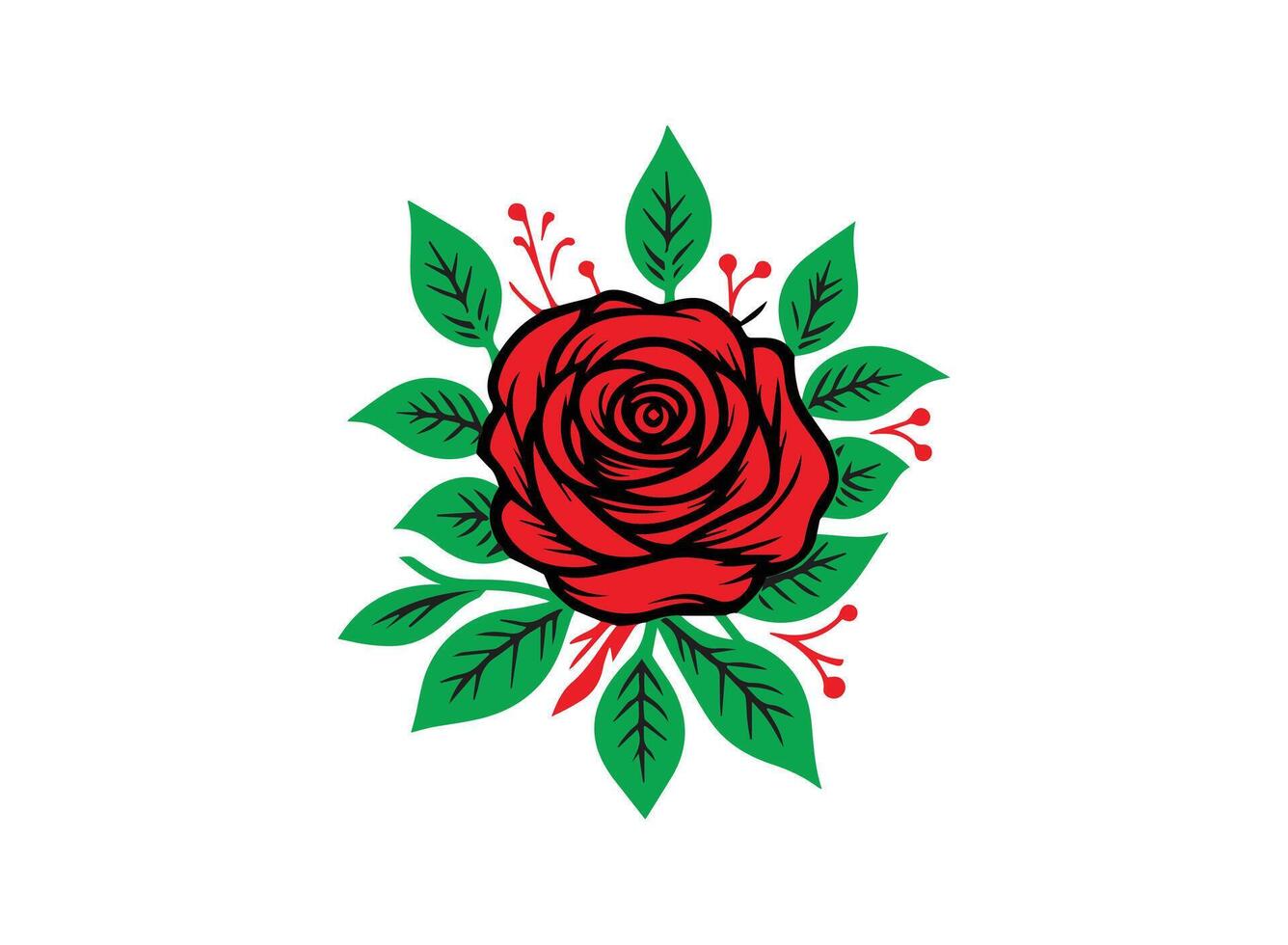 Red Rose Green Leaves easy editable vector