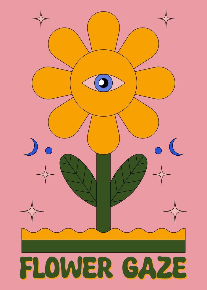 Surreal Eye Flower with Mystical Elements and Cosmic Symbols in Abstract Style vector