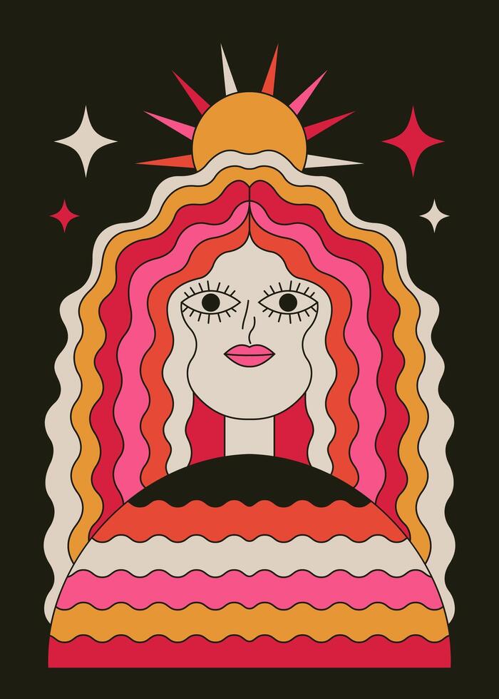 Retro Psychedelic Sun Goddess with Vibrant Waves vector