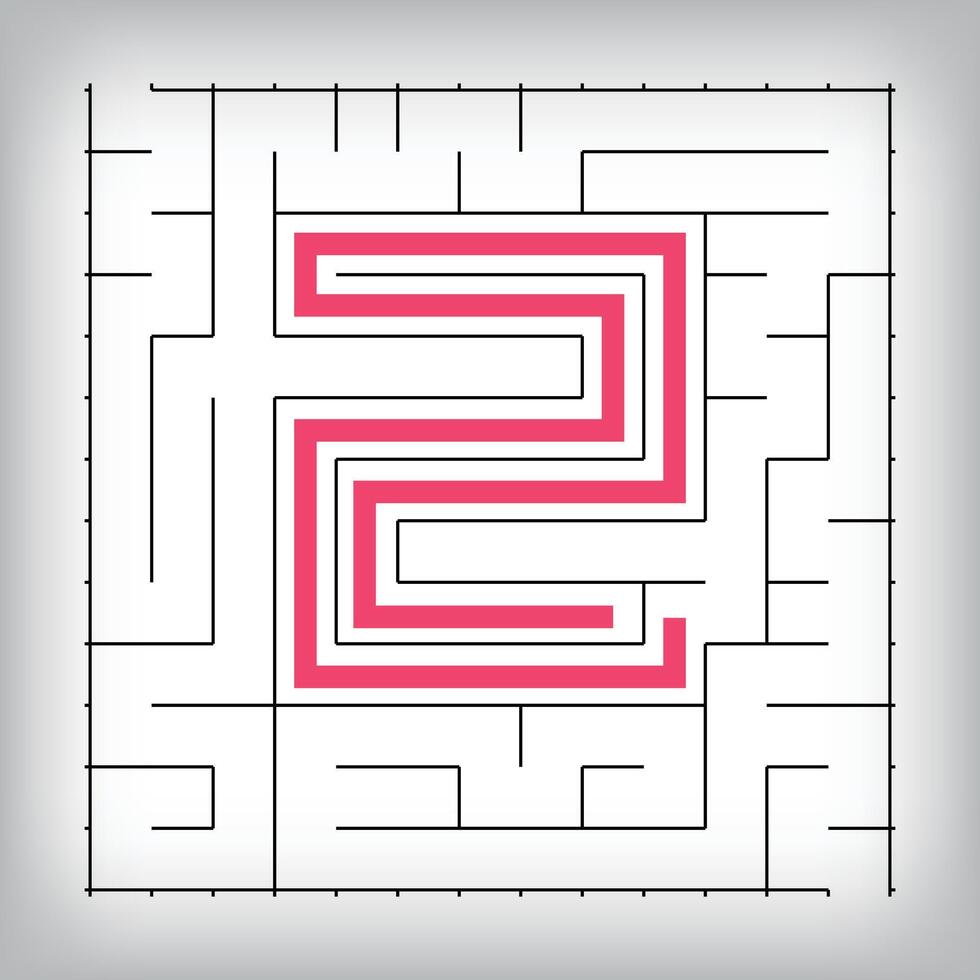 Square form linear number 2 maze puzzle. Tutorial confusing game activity. vector