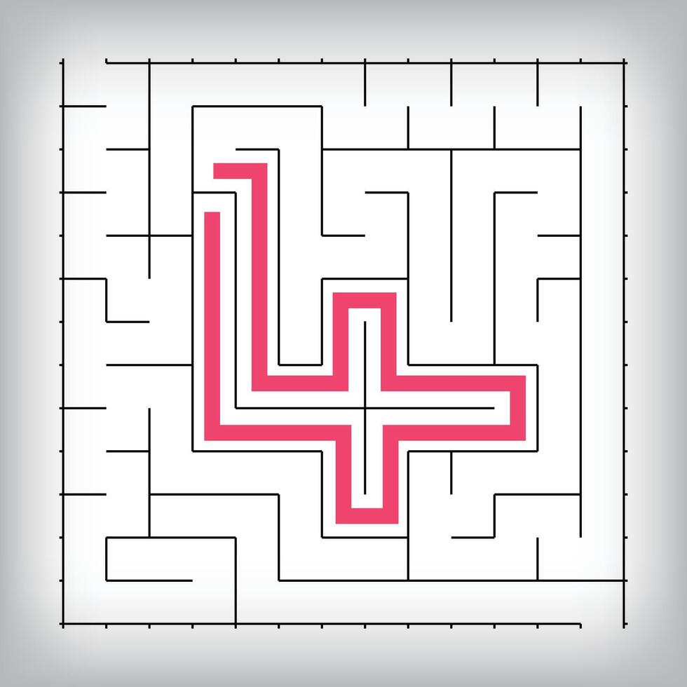 Square form linear number 4 maze puzzle. Tutorial confusing game activity. vector