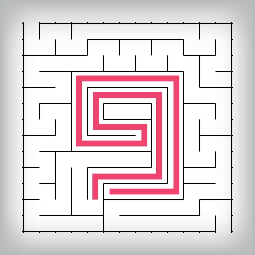 Square form linear number 9 maze puzzle. Tutorial confusing game activity. vector