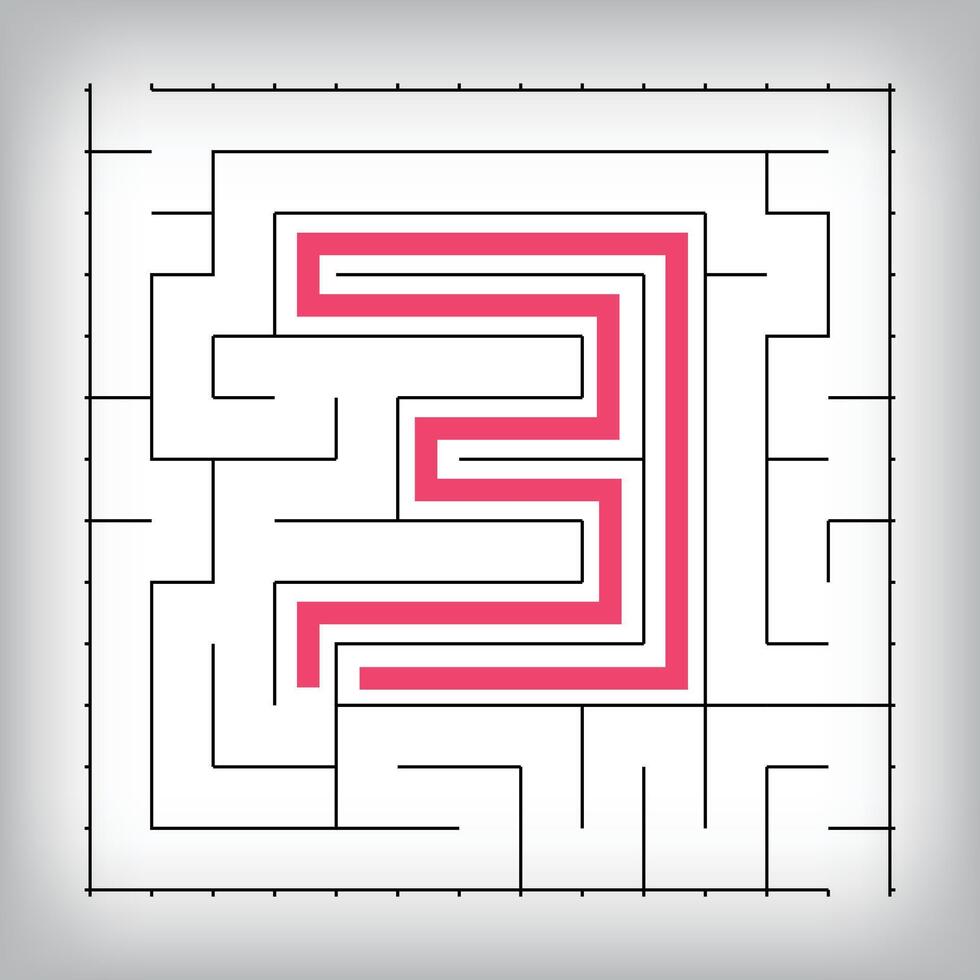 Square form linear number 3 maze puzzle. Tutorial confusing game activity. vector