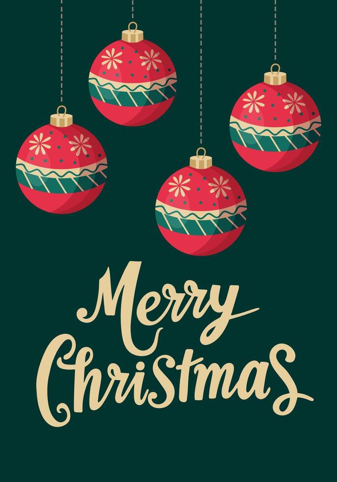 Christmas card with Christmas tree balls and handwritten text Merry Christmas. Bright New Year illustration. vector