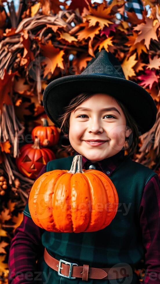 Happy child in a witch hat holding a pumpkin photo
