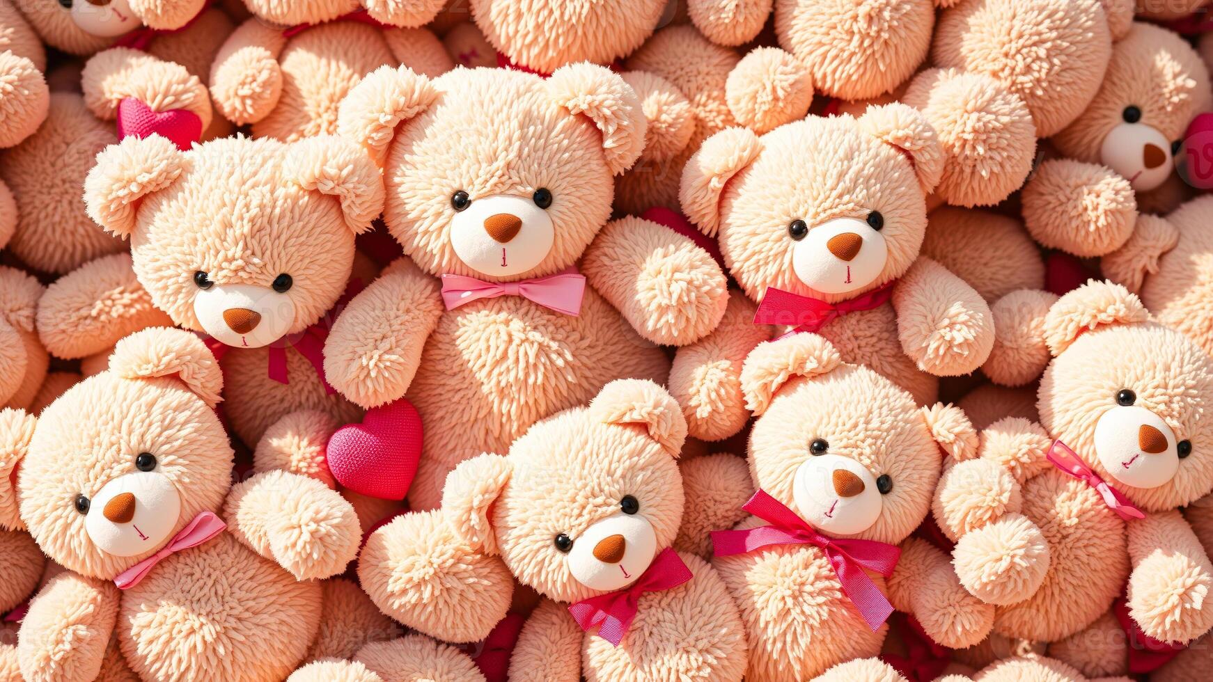 Close Up of Many Pink Teddy Bears with Pink Ribbons photo