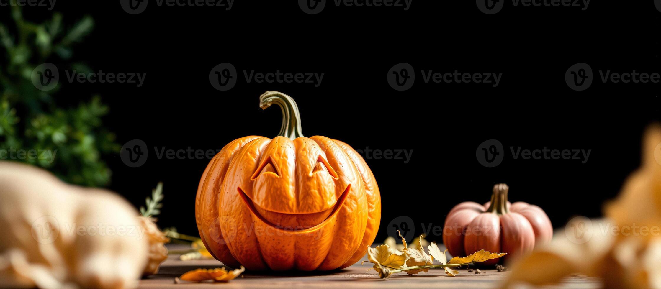 Smiling Jack-o'-Lantern on Wooden Table photo
