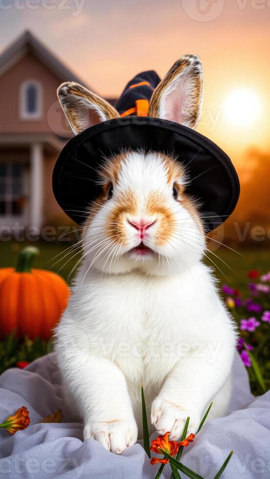 Cute bunny in a witch hat photo