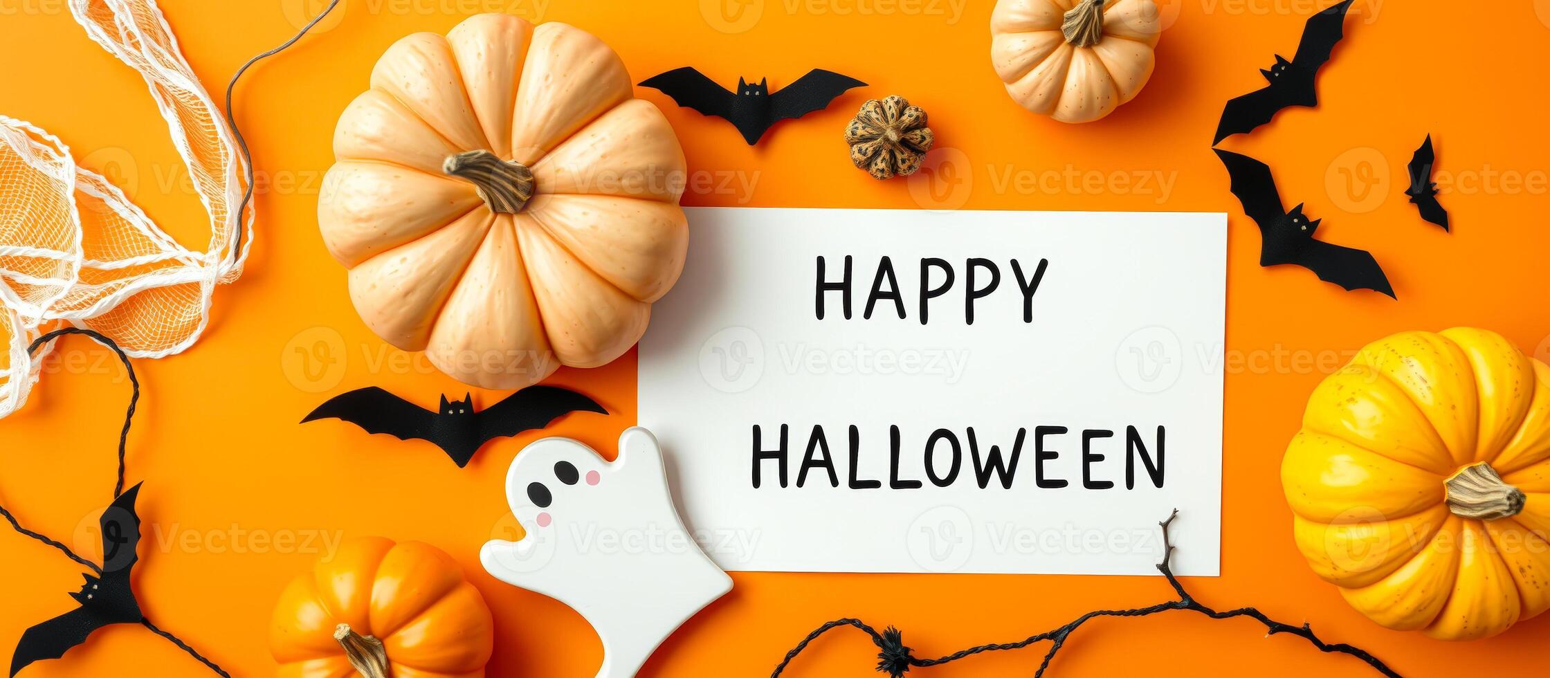 Happy Halloween with Pumpkins and Bats on Orange Background photo