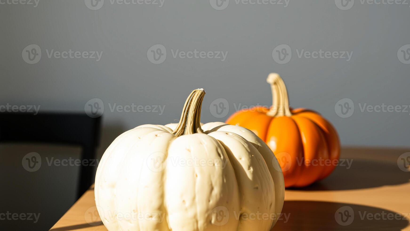 White Pumpkin and Orange Pumpkin on a Table photo