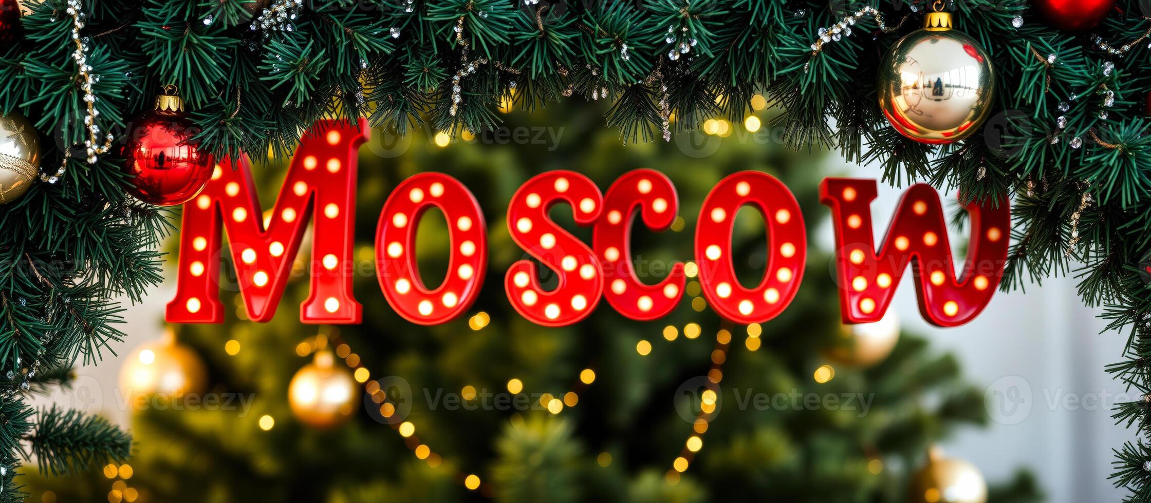 Red Illuminated Moscow Sign Hanging on a Christmas Tree photo