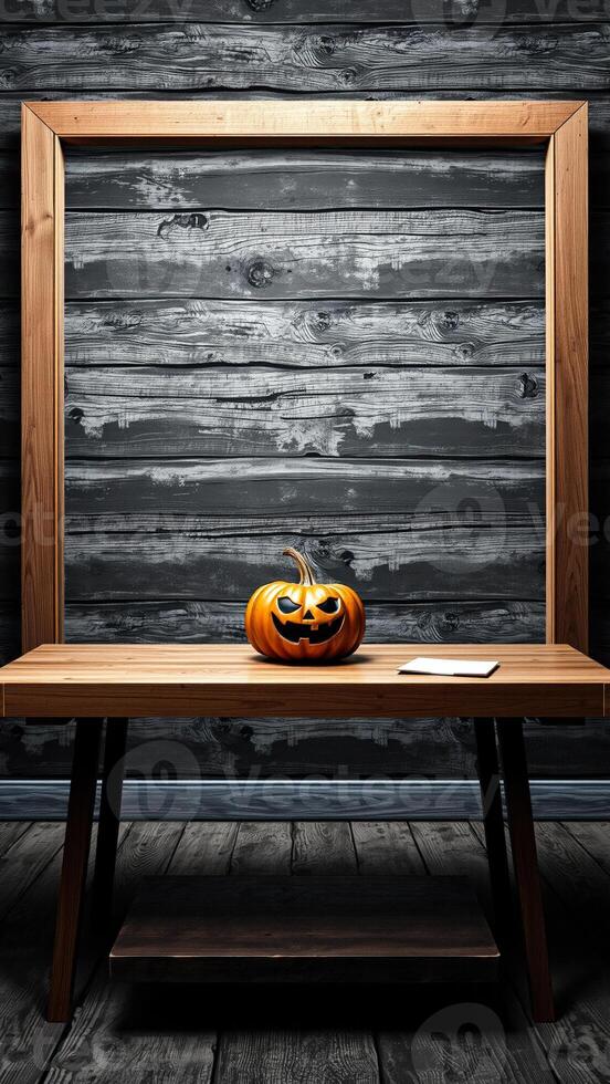 Scary Pumpkin on Wooden Table with Empty Frame photo