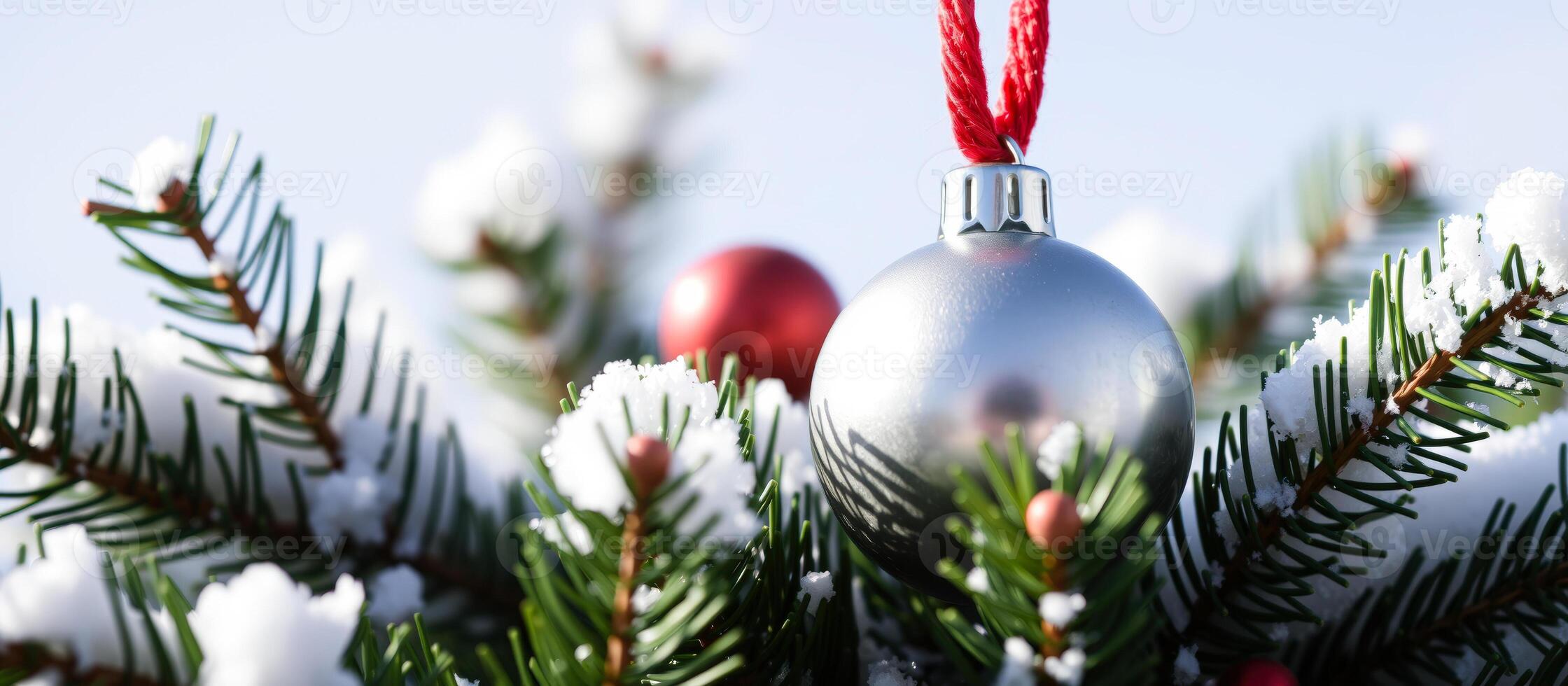 plata Navidad ornamento en Nevado pino rama foto