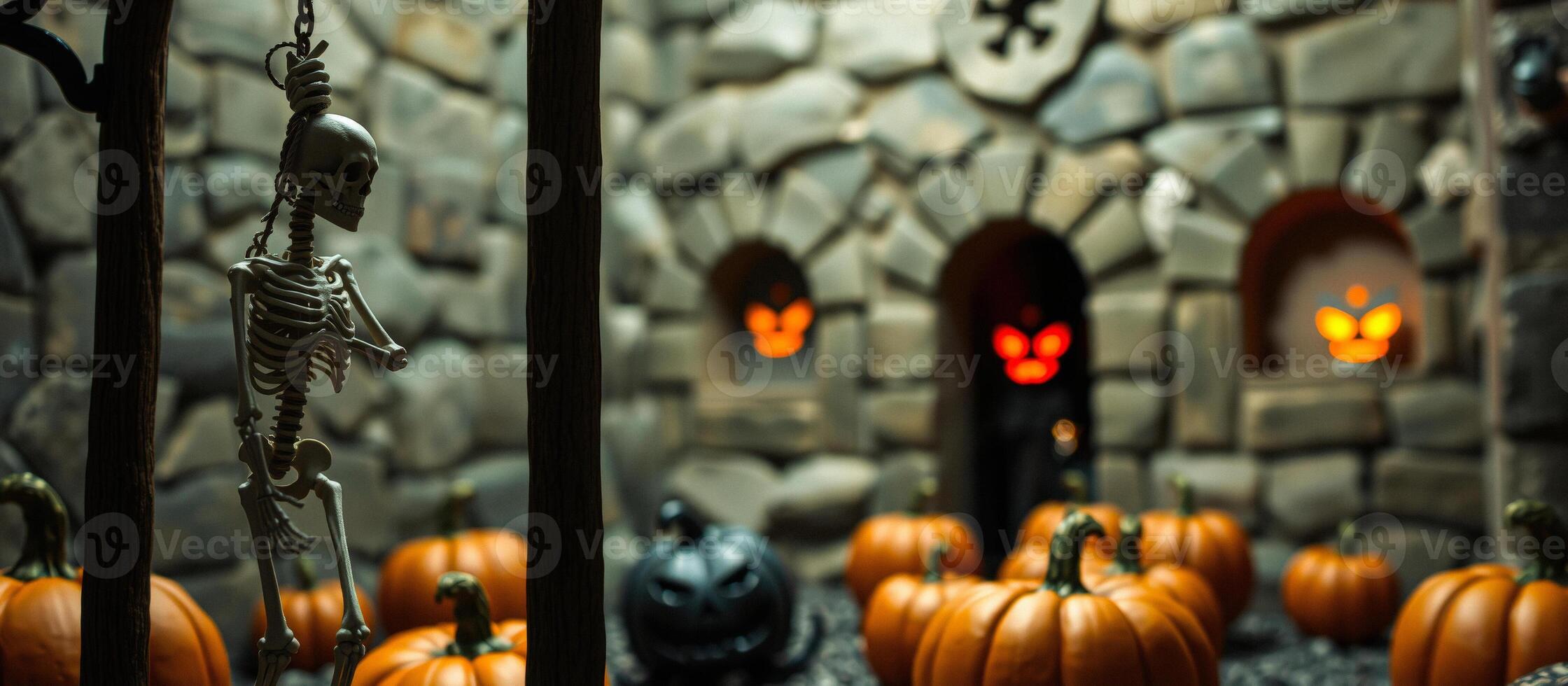 Skeleton Hanging in a Stone Building With Pumpkins photo