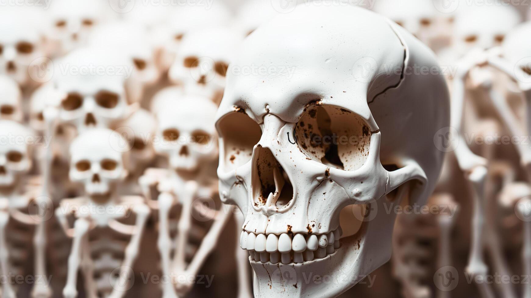 Close up of a human skull with multiple skulls in the background photo