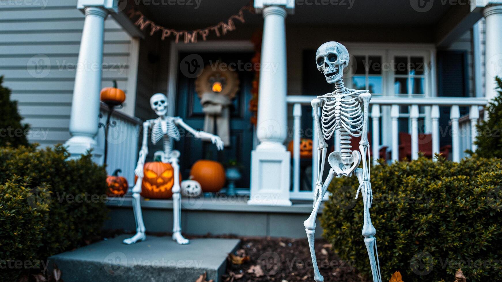 Skeletons on a Porch for Halloween photo