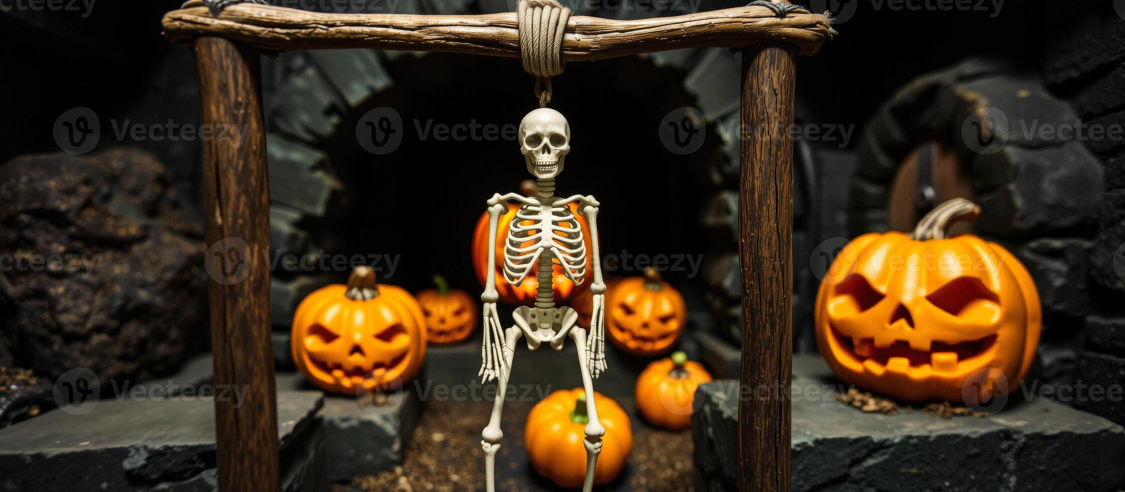 Halloween Skeleton Hanging From Wooden Beam photo