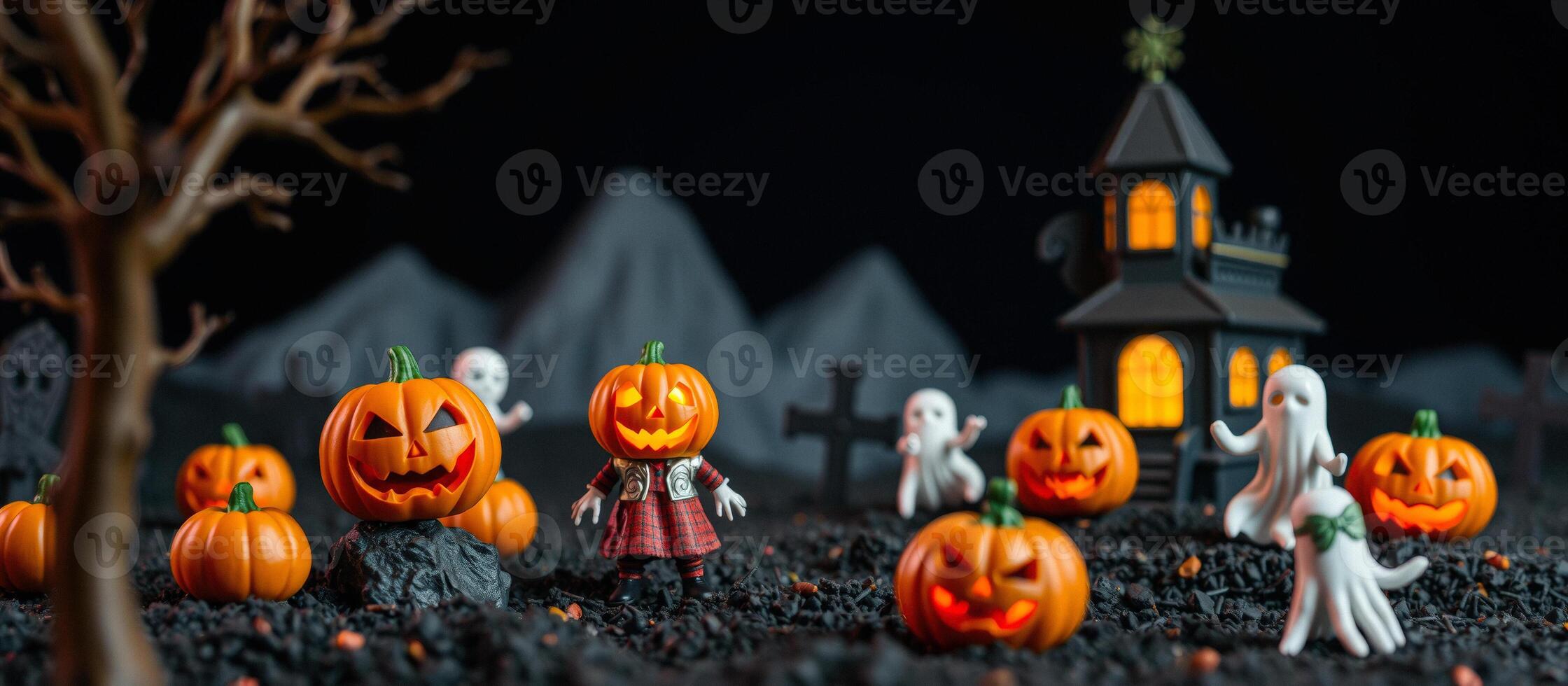 Halloween Pumpkin Characters on a Spooky Black Background photo
