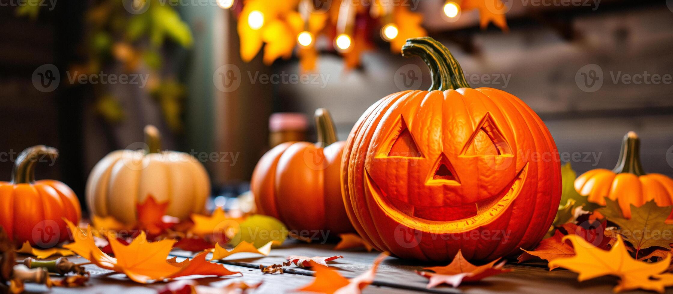Carved Pumpkin with Fall Leaves and String Lights photo