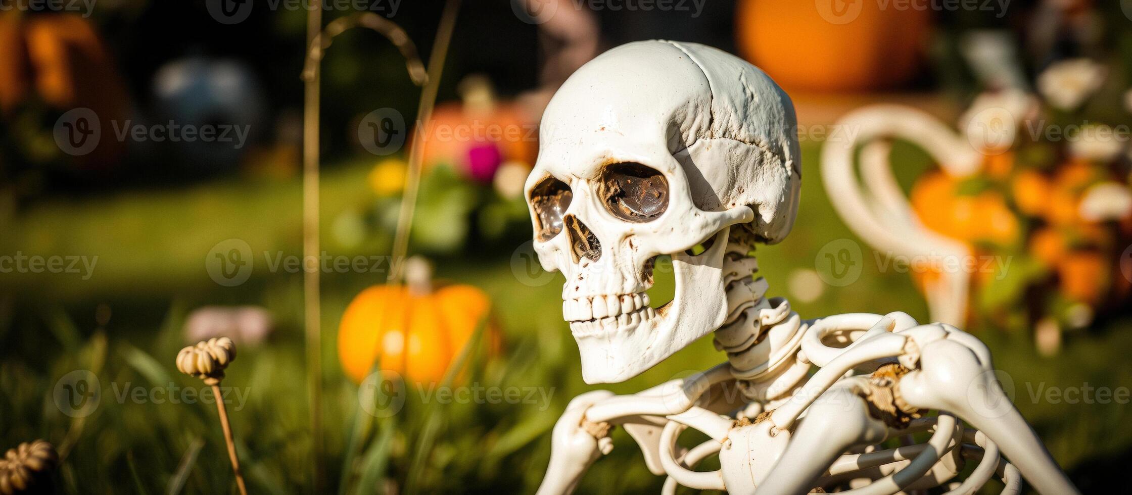 Skeleton in a field of pumpkins photo