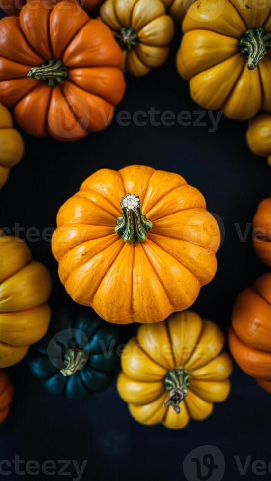 A Close-Up of Pumpkins on a Dark Background photo