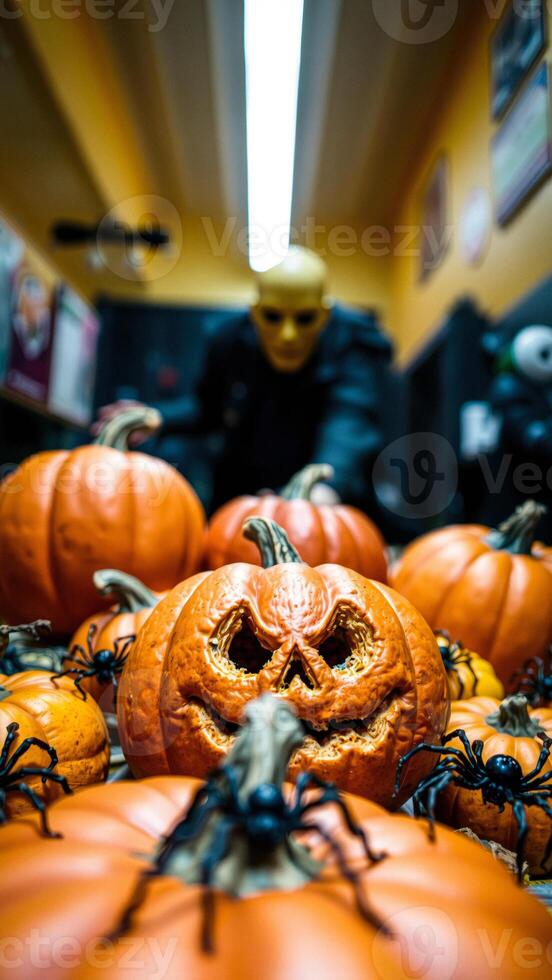 Scary Jack-O-Lantern With Spiders photo