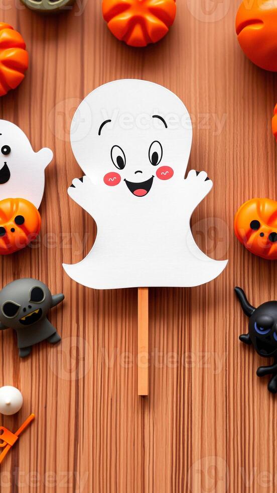 Happy Ghost Halloween Decoration on Wooden Background photo
