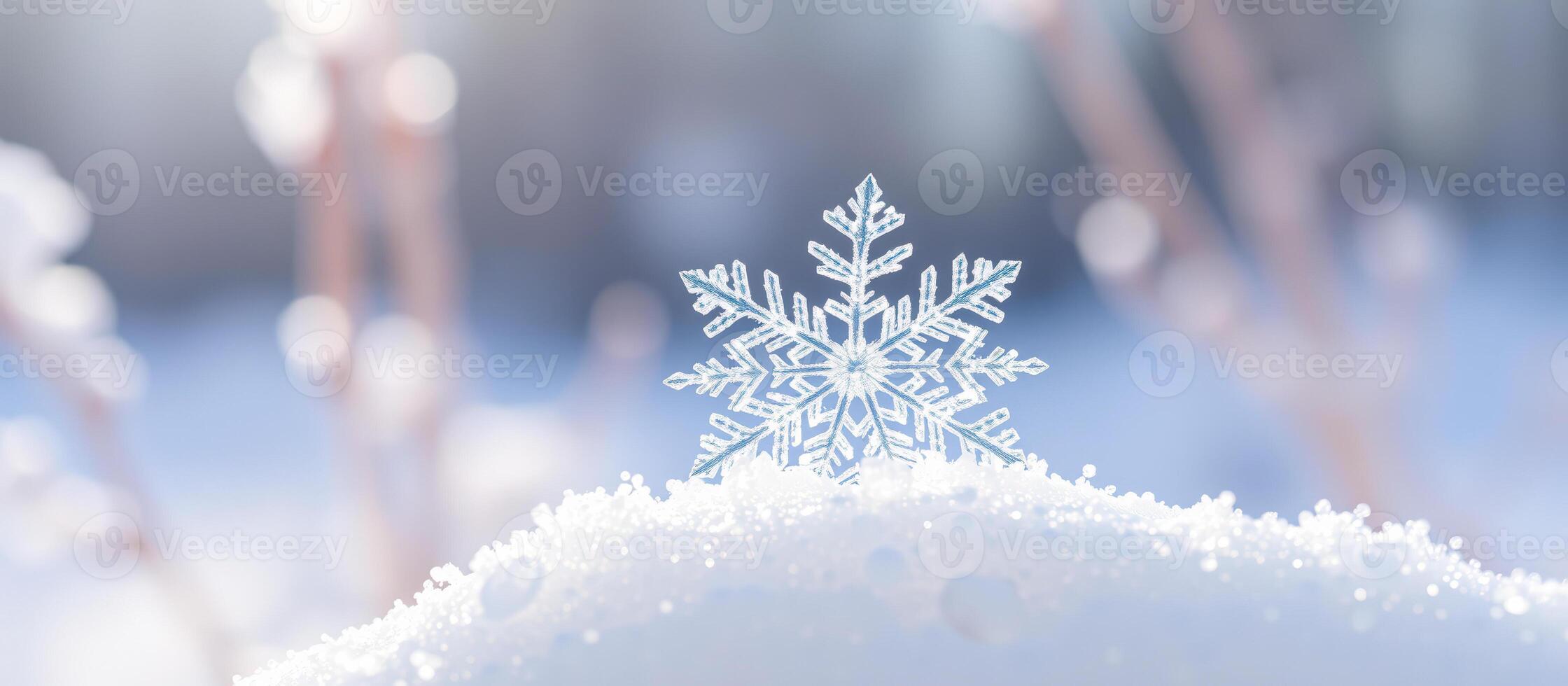 Single snowflake on a bed of fresh snow photo