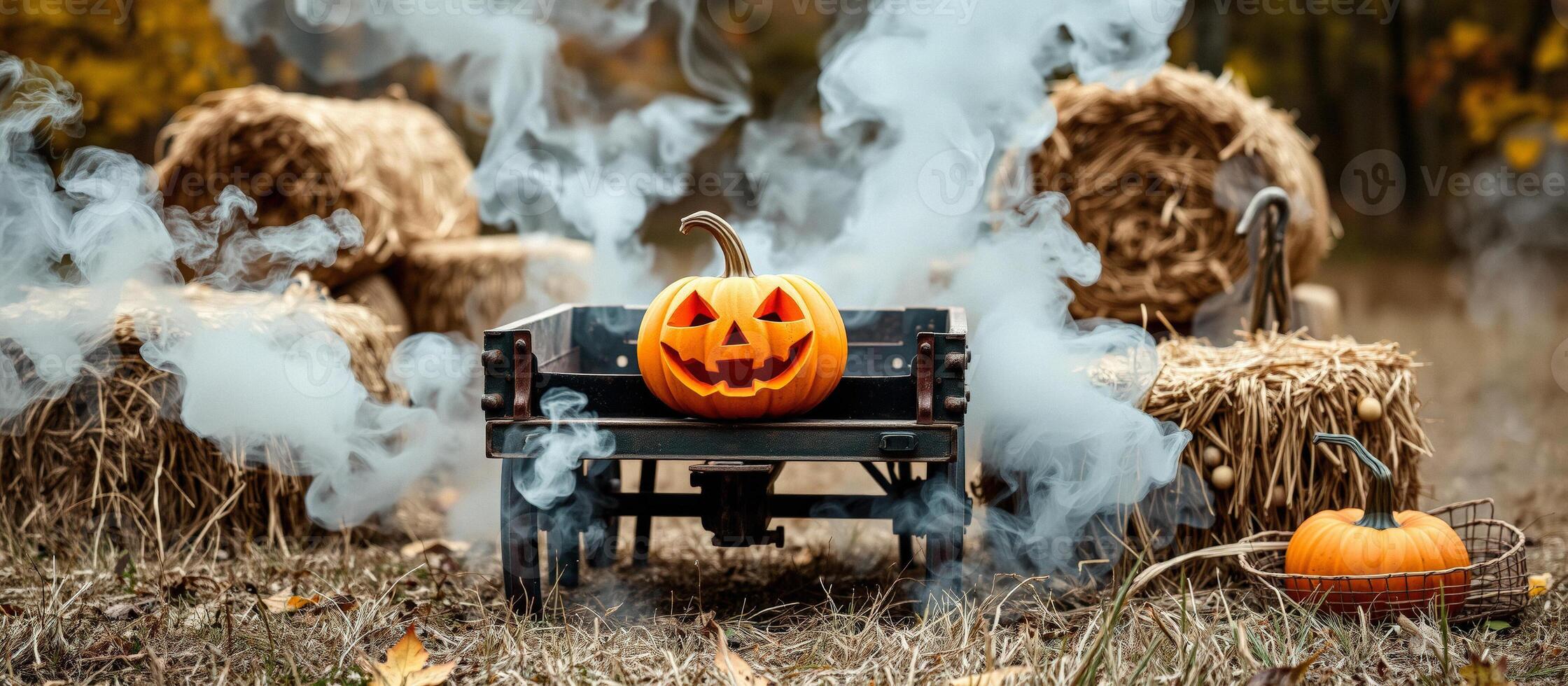 Spooky Pumpkin on a Wagon with Smoke photo