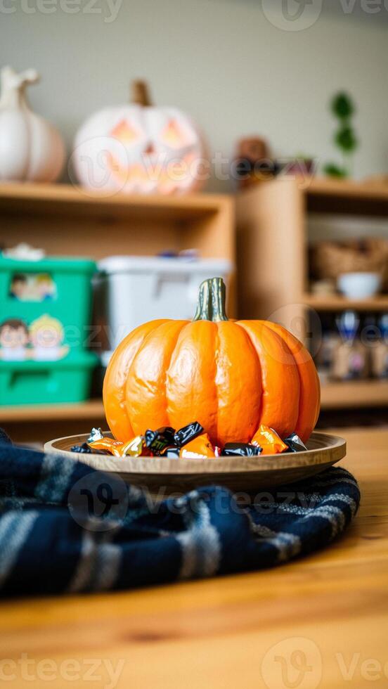 Pumpkin and candy on a table photo