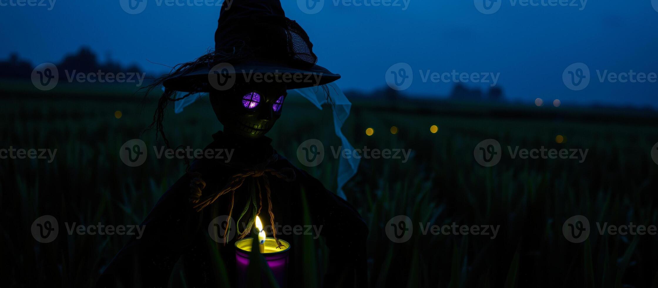 glowing-eyed figure with a lit candle stands a grassy field photo