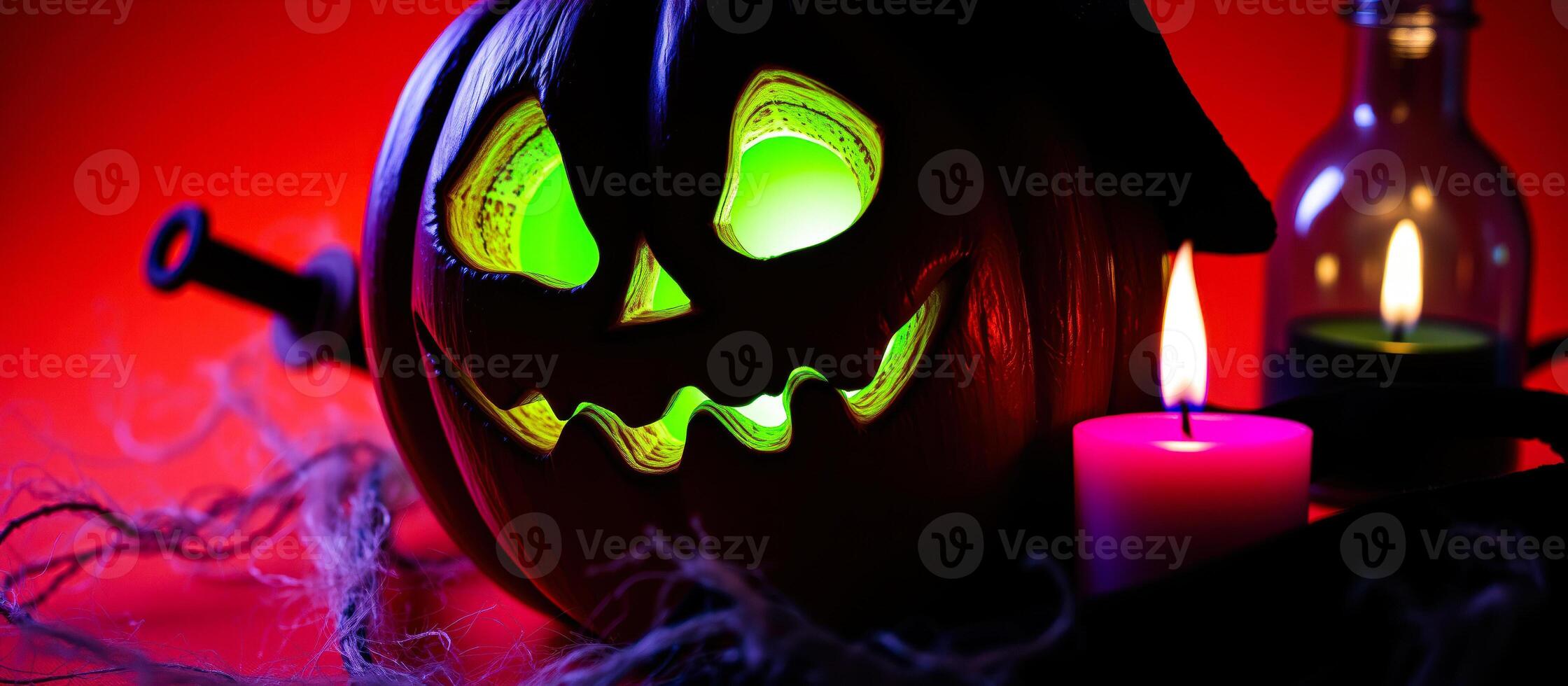 glowing pumpkin pink candle create a spooky halloween scene photo
