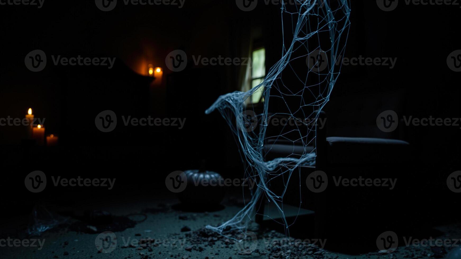 cobweb drapes over abandoned furniture a dark room photo