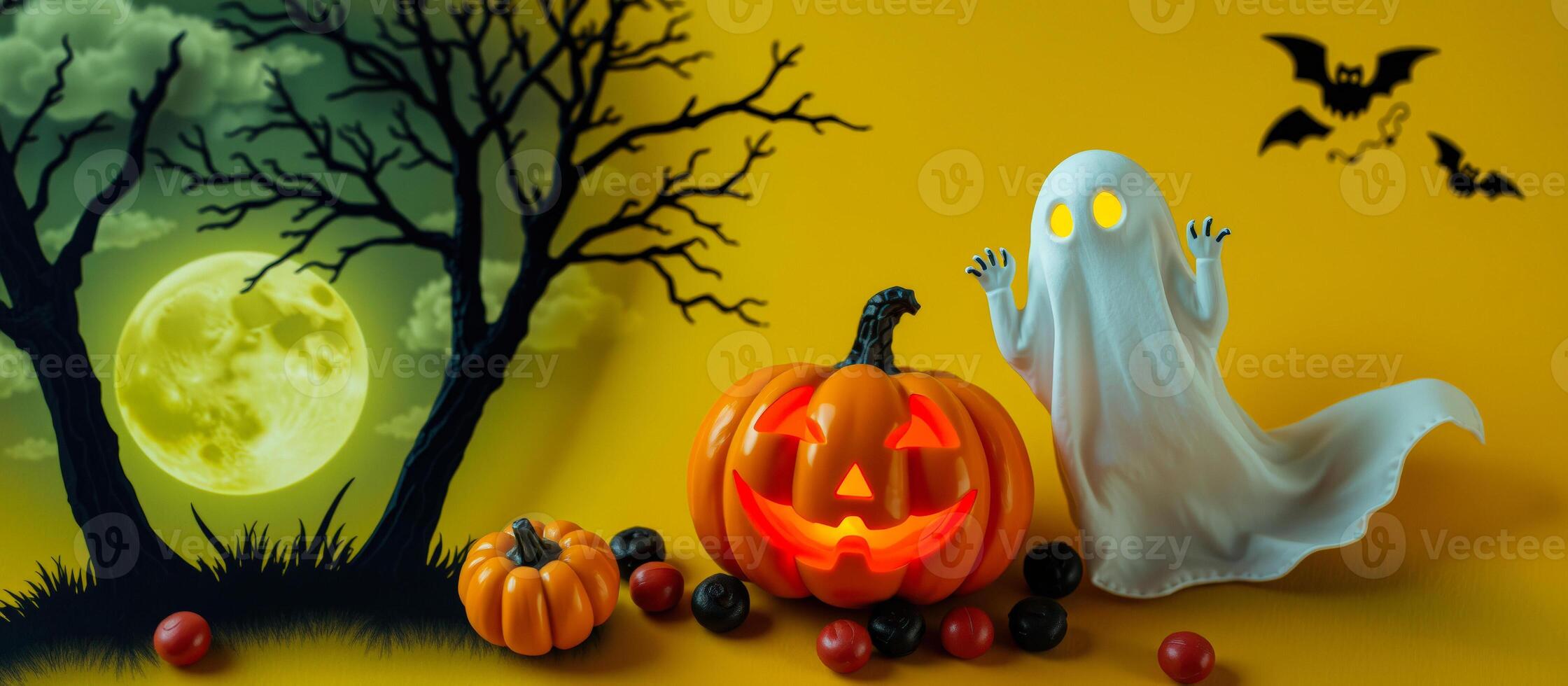 glowing jack-o'-lantern ghostly figure create a whimsical halloween scene photo