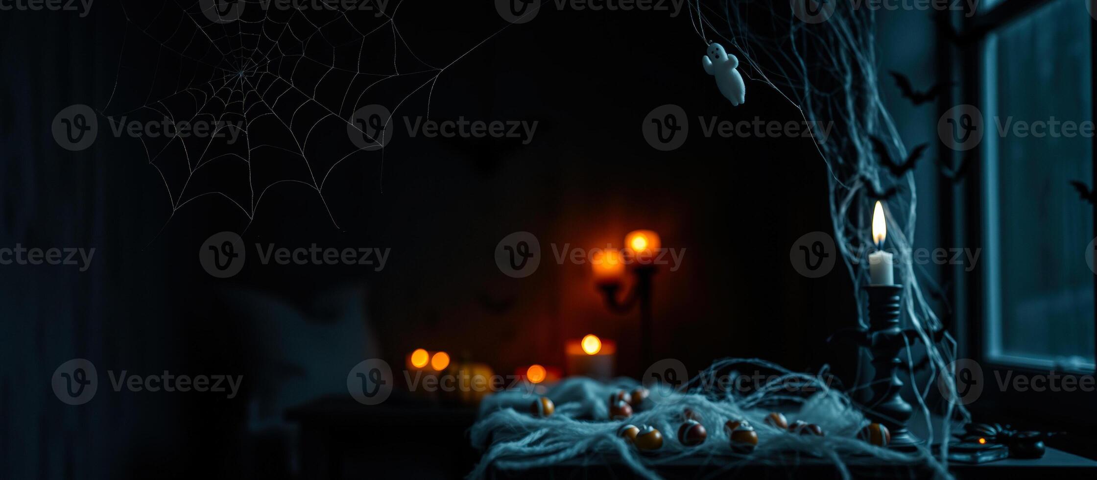 white ghost hanging from a cobweb a dark room photo