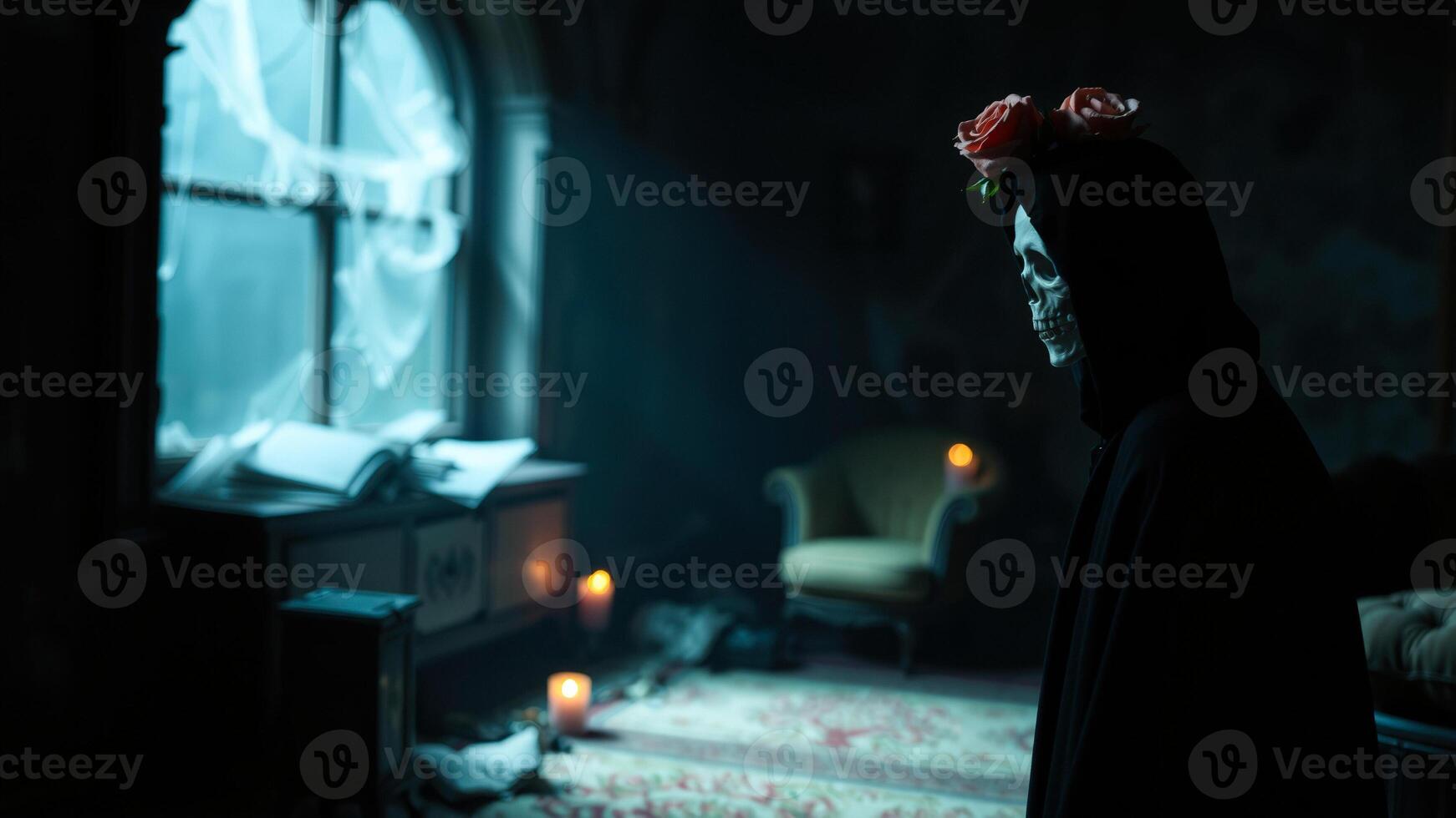 figure a black robe with a skull mask pink roses stands a dimly lit room photo