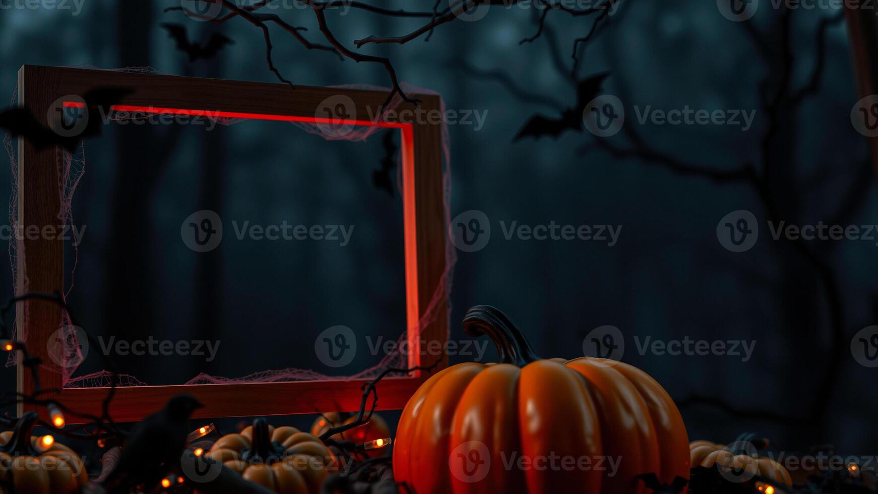 glowing pumpkin with a wooden frame bats the background photo