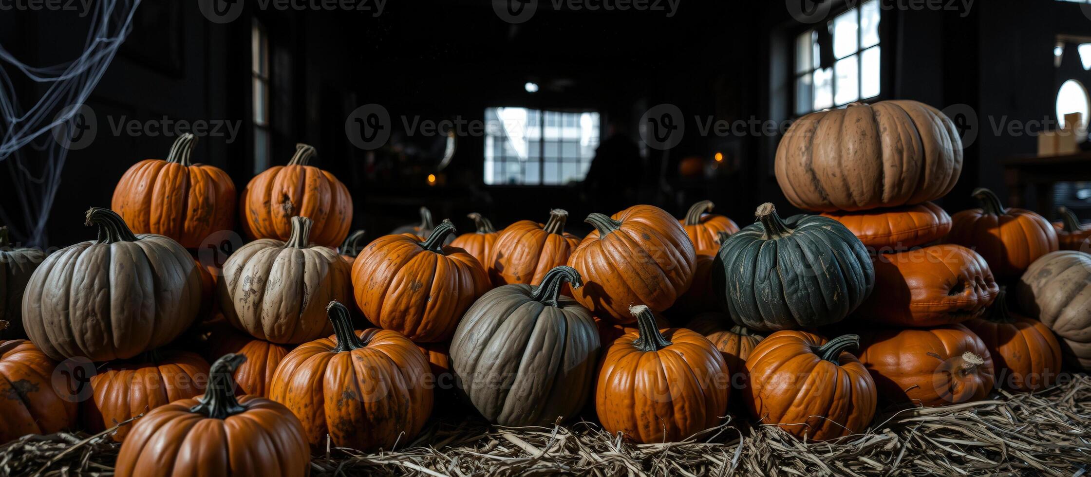 colorful pile pumpkins on straw photo