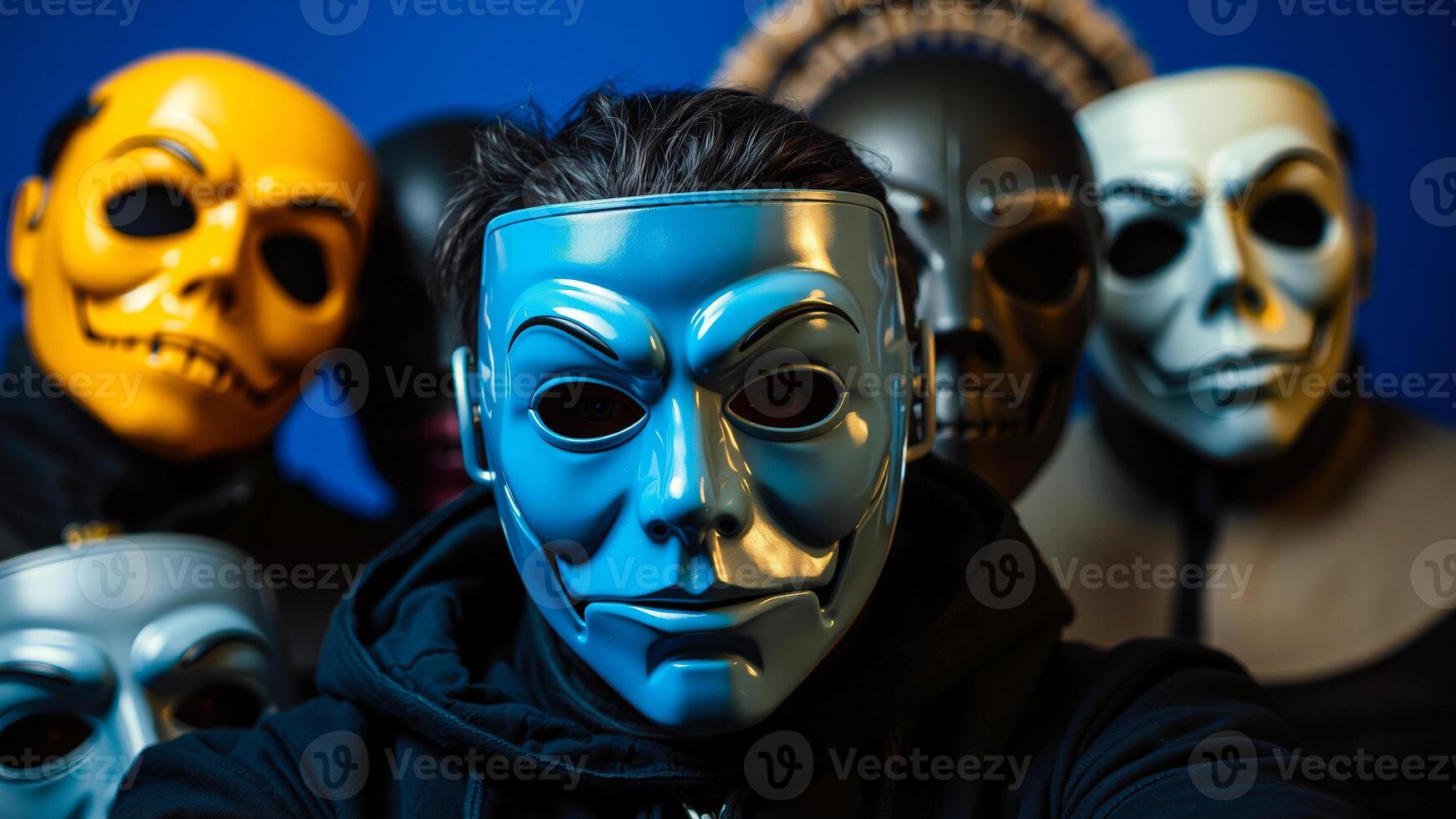 person wearing a blue plastic mask with a sinister expression photo