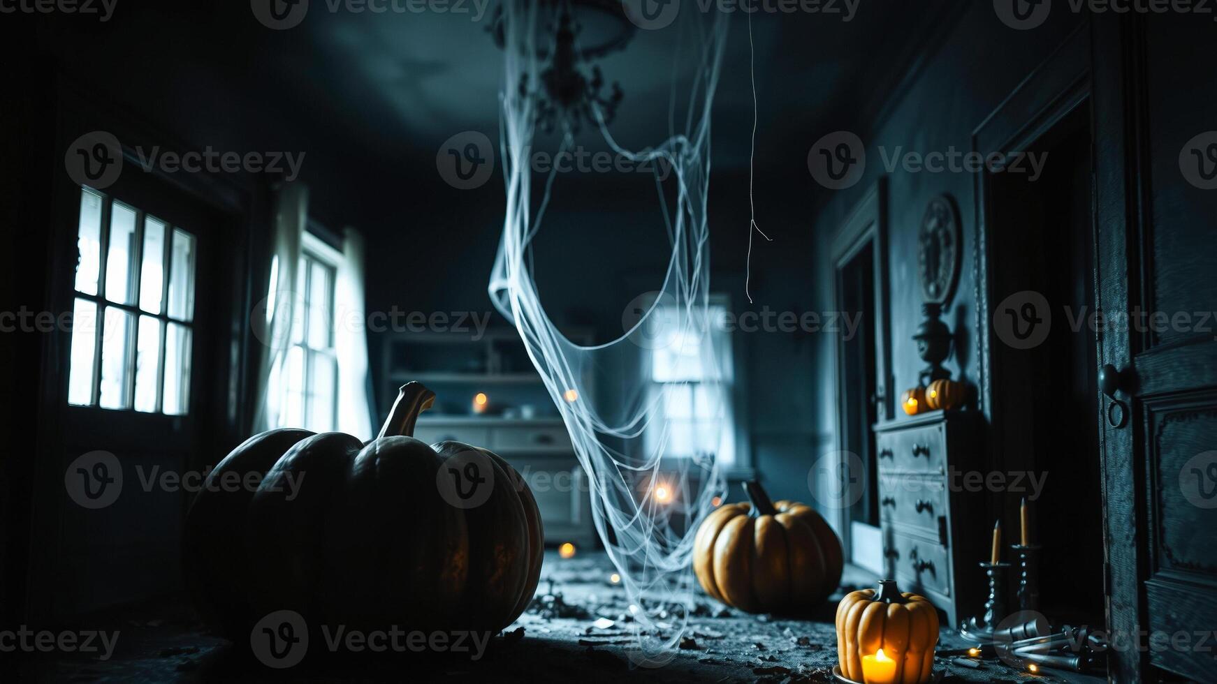 spooky hallway decorated with pumpkins cobwebs photo