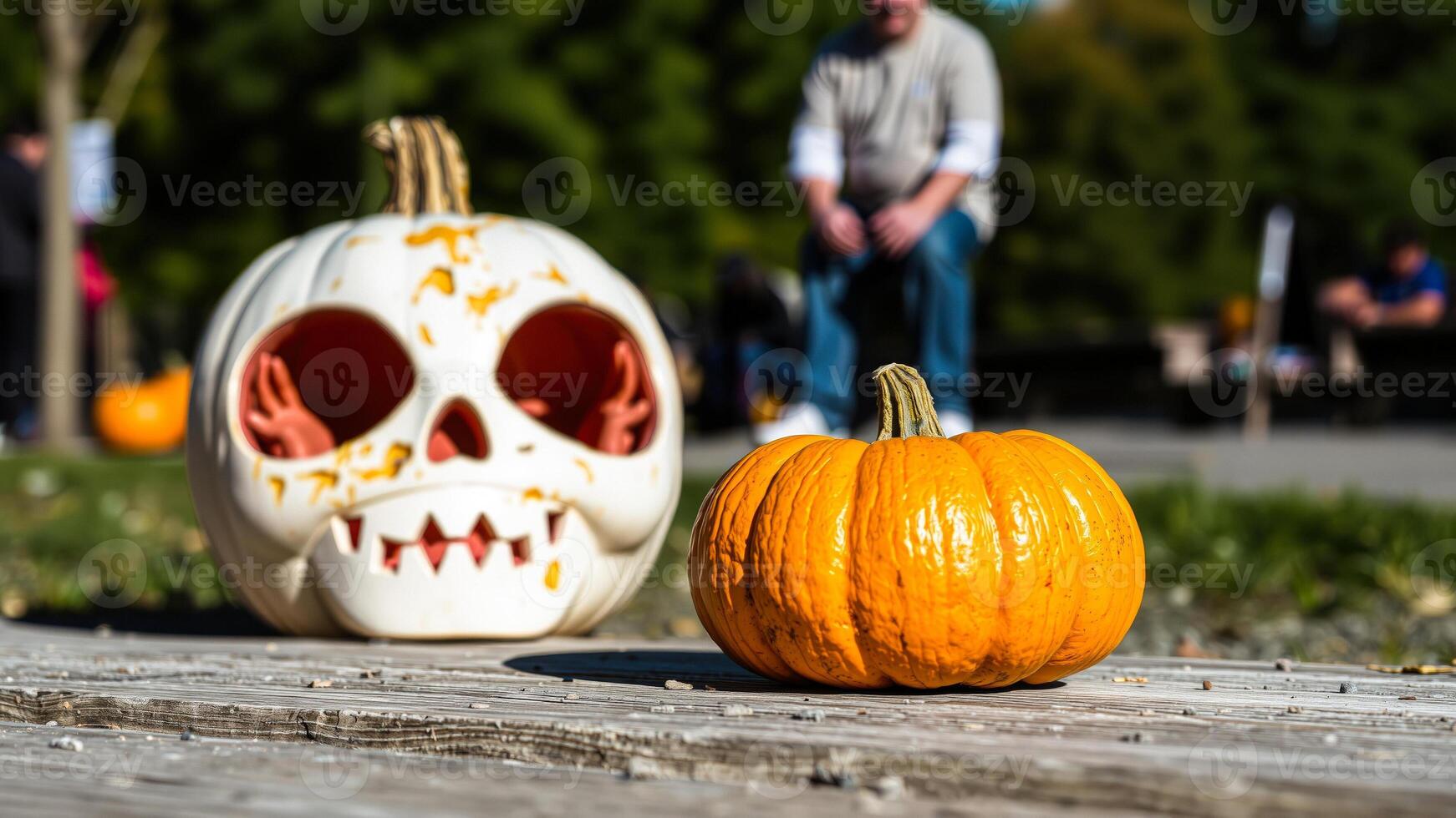 carved pumpkin a natural pumpkin sit side-by-side photo