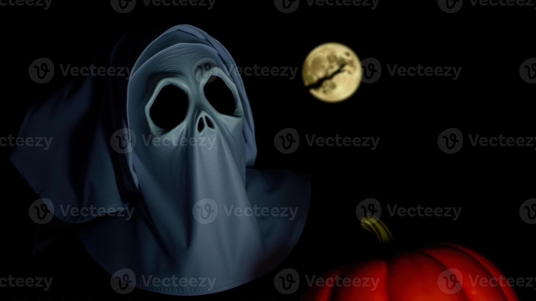 ghostly figure a white mask stands the dark with a full moon a pumpkin photo