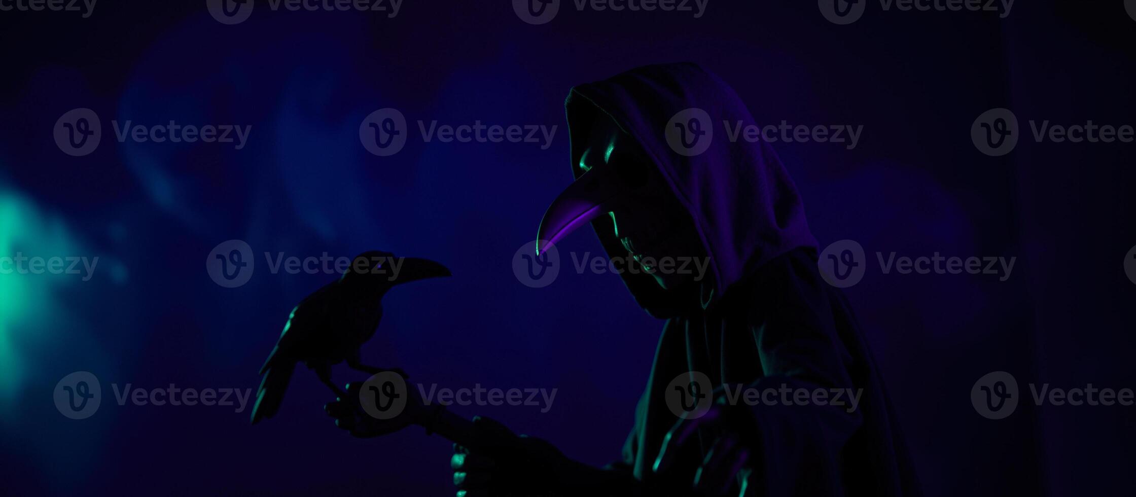 shadowy figure with a long beak mask holds a black bird photo