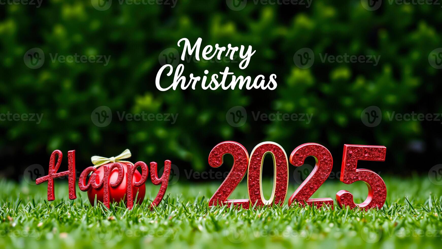 sparkly red letters celebrate the new year on green grass photo