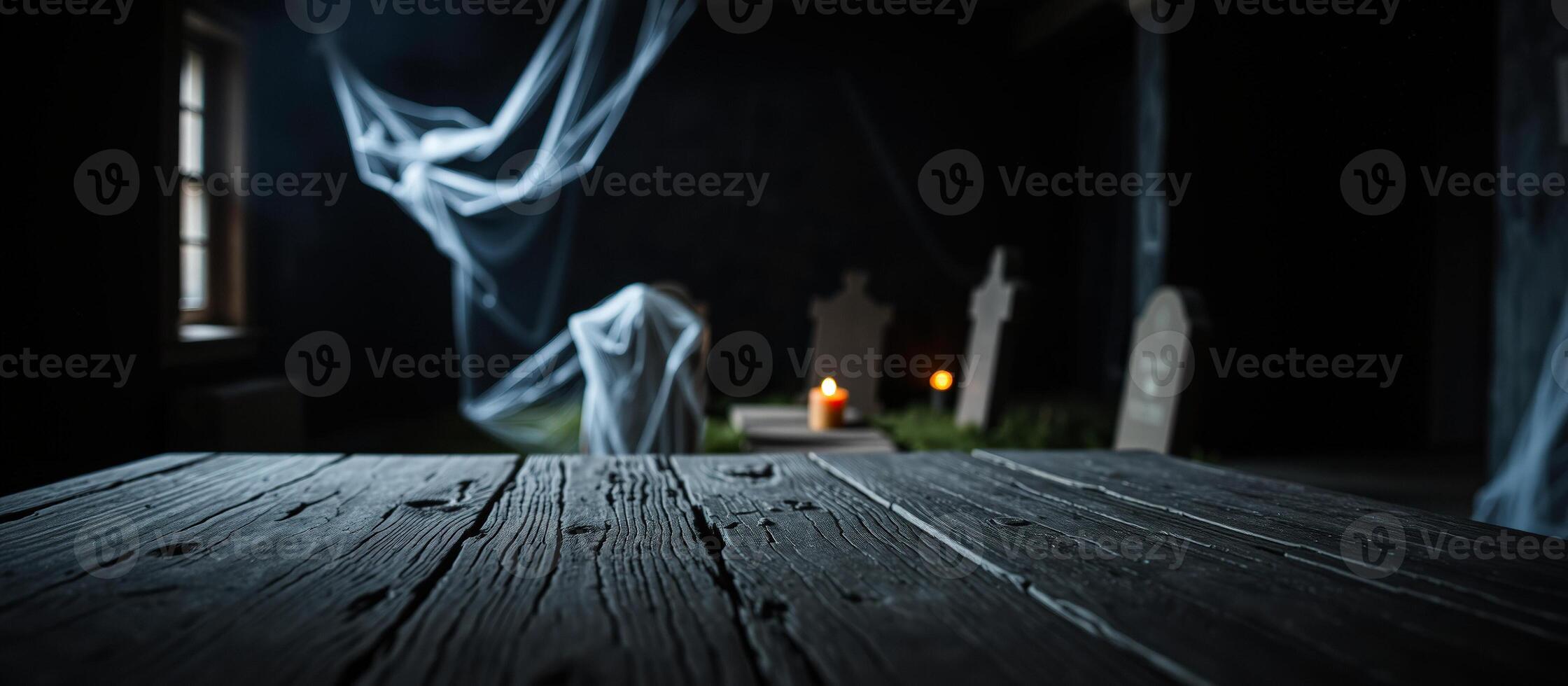 weathered wooden table a spooky misty setting photo