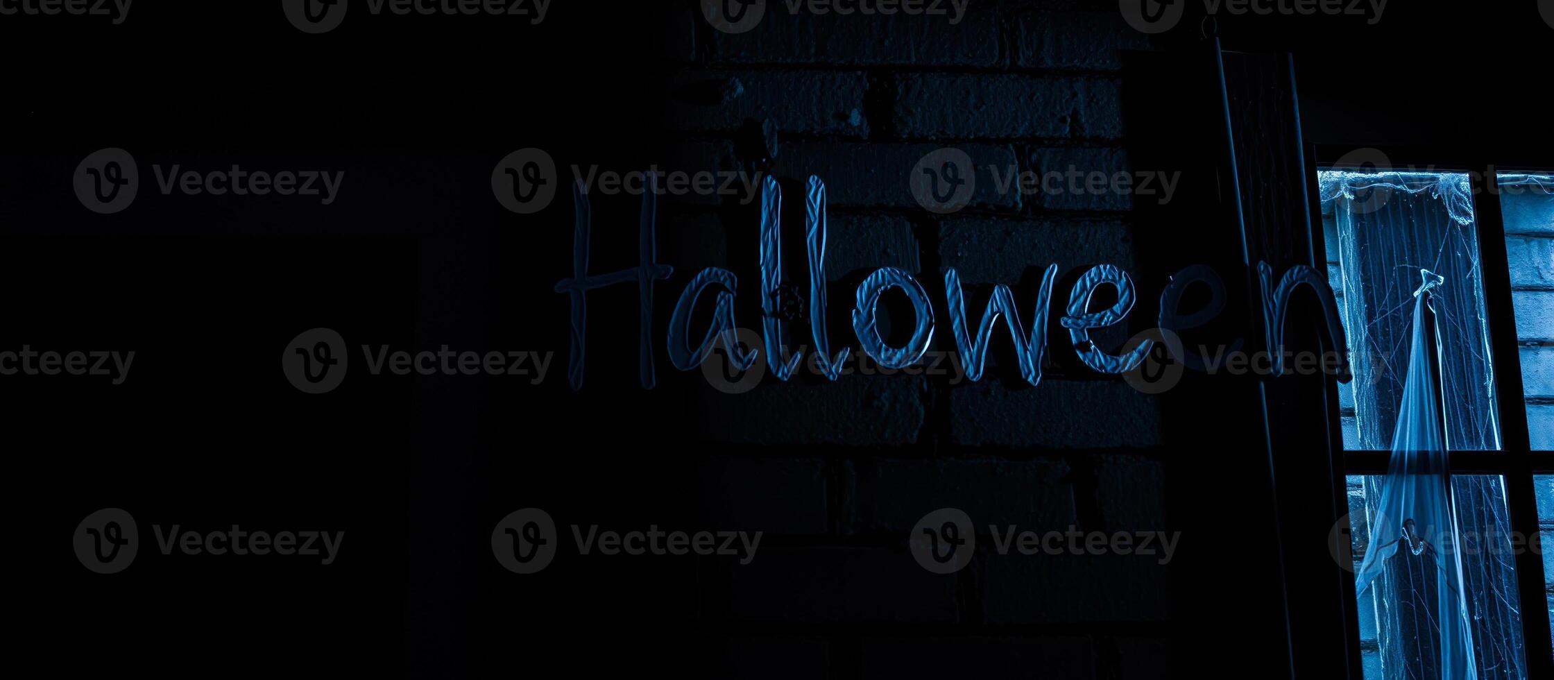 blue halloween sign on a brick wall with a sheet covered window photo